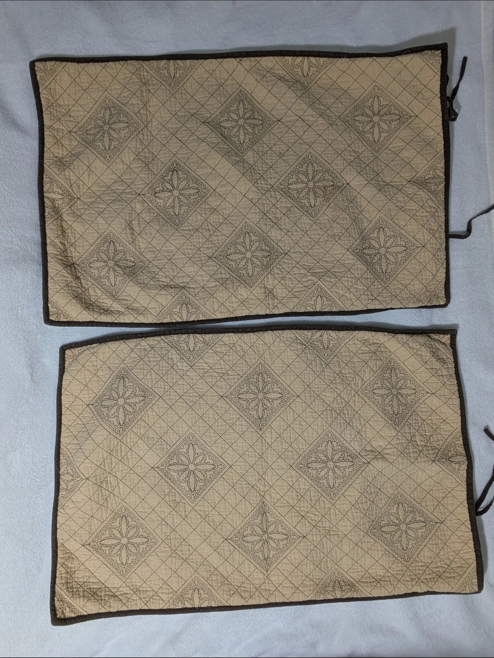 Set of 2 Quilted King Pillow Shams — Brown Floral Medallion with Tan Backing